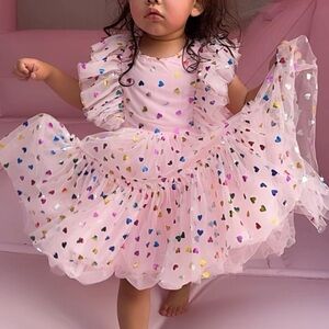 Lola and the Boys Pink Heart Patterned Ruffle Dress  - 4T
